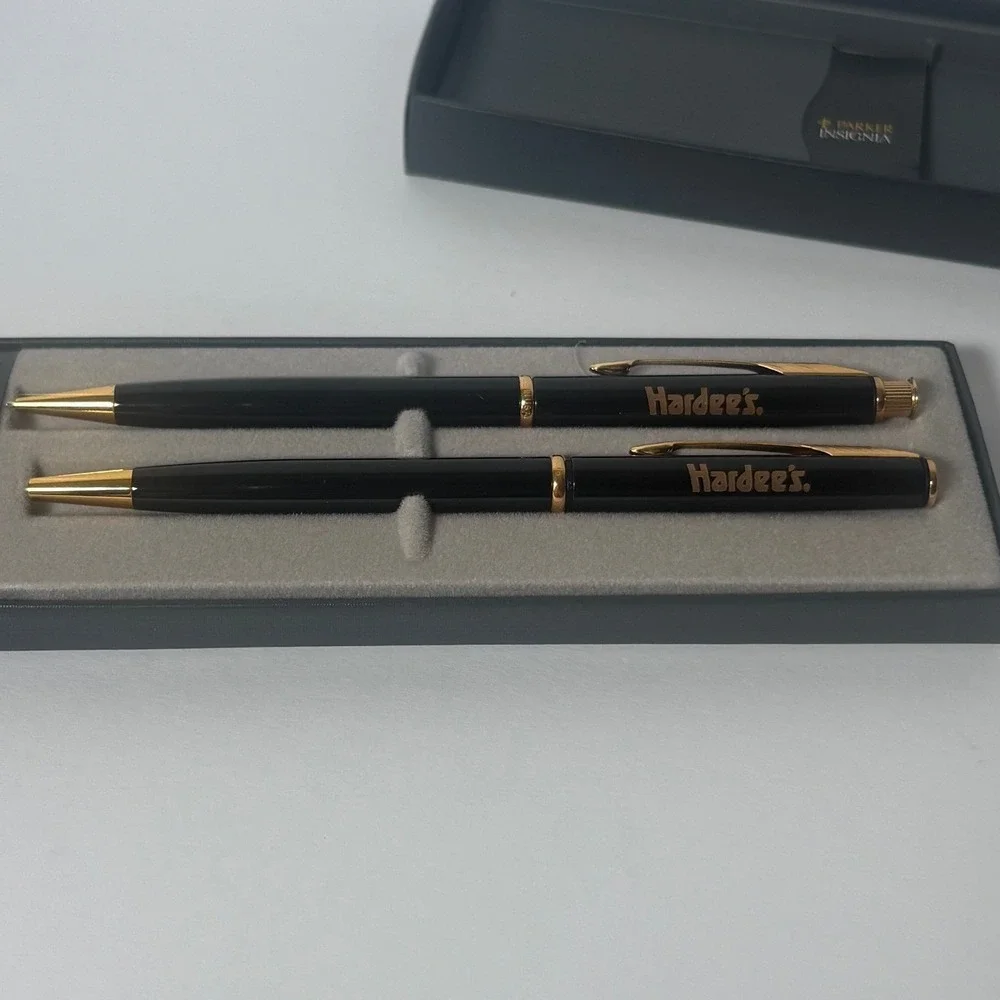 Parker Insignia Black Gold Trim Pen and Pencil Set Hardees Logo Vintage USA Made